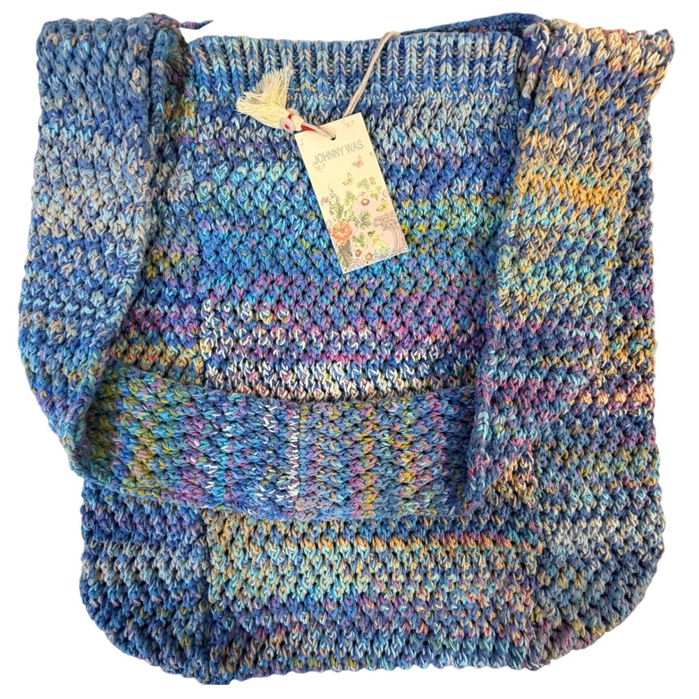JOHNNY WAS NAHAL CROCHET Embroidered Knit Shoulder Bag Blue Multi Color O/S NWT